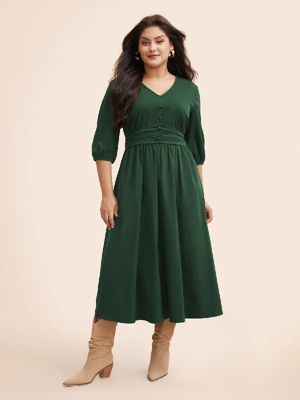 flowy evening dressV Neck Shirred Ruched Midi Dress