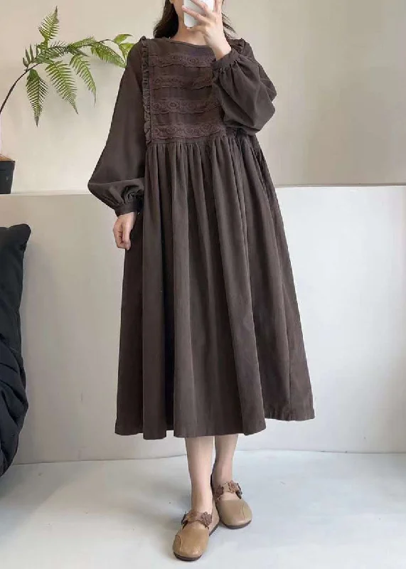 trendy wrap dressLoose Coffee Ruffled Lace Patchwork Corduroy Dresses Spring