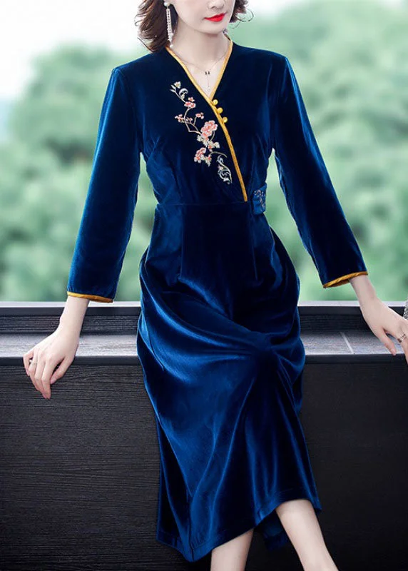 casual slip dressVintage Dark Blue V Neck Embroidered Floral Silk Velour Holiday Dress Long Sleeve