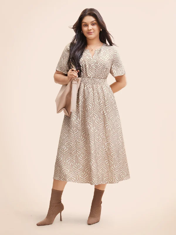 fitted dressBoho Print Notched Collar Shirred Dress