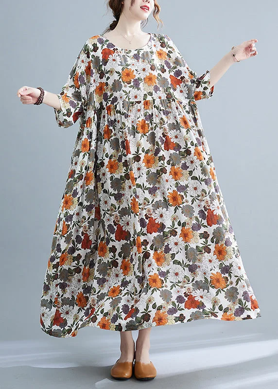 playful dressElegant Orange Print Wrinkled Maxi Dresses Summer