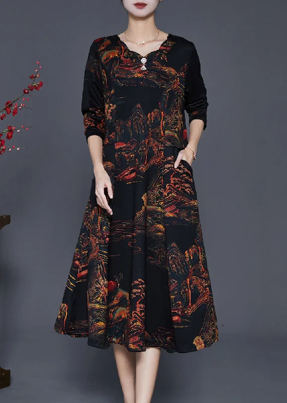 classic fit-and-flare dressCasual Black Print Exra Large Hem Cotton Maxi Dress Fall