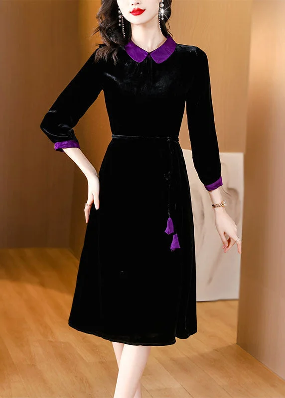 oversized dressBoho Black Peter Pan Collar Patchwork Silk Velour Maxi Dresses Long Sleeve