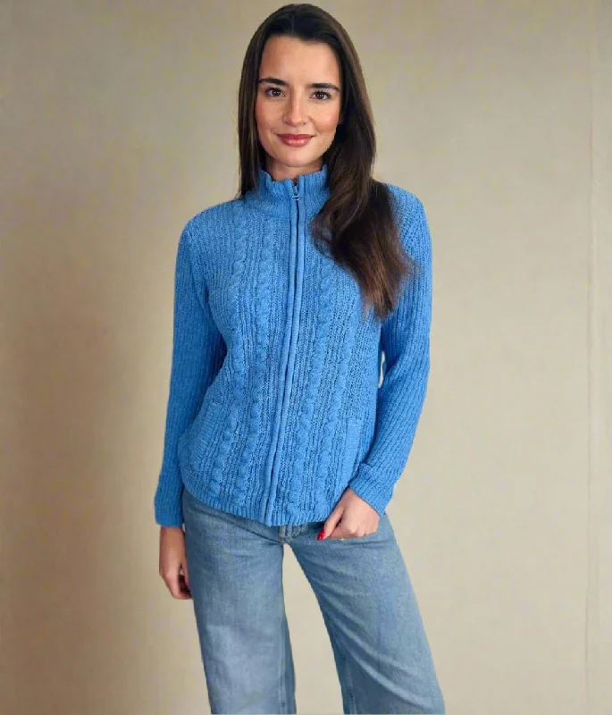 Blue Chenille Cable Zip Cardigan