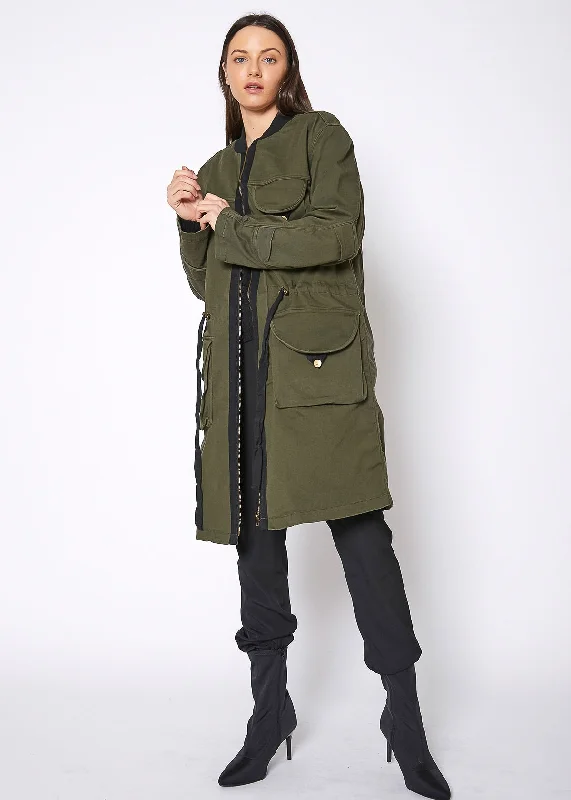 casual trench coatWomen's Zip Up Long Utility Jacket In Olive