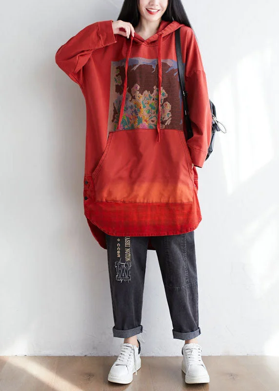 printed dressPlus Size Red Hooded Pockets Print Cotton Sweatshirt Dress Spring