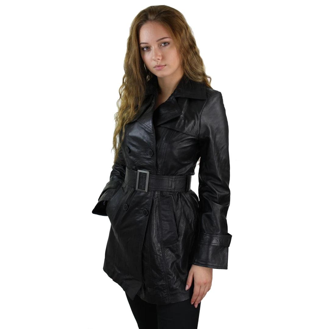 chic coatWomen's 100% Real Mid Length Military Blazer Retro Leather Jacket Black