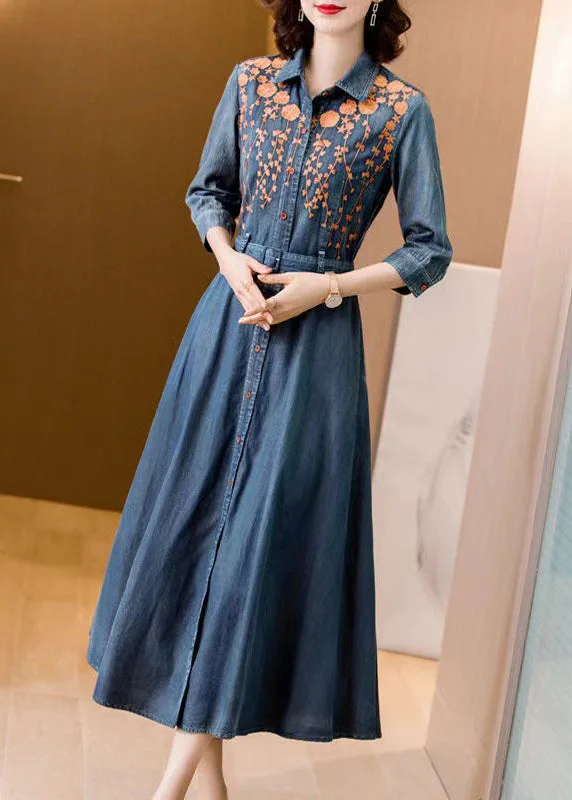 floral dressFitted Blue Embroidered Tie Waist Patchwork Denim Dress Bracelet Sleeve