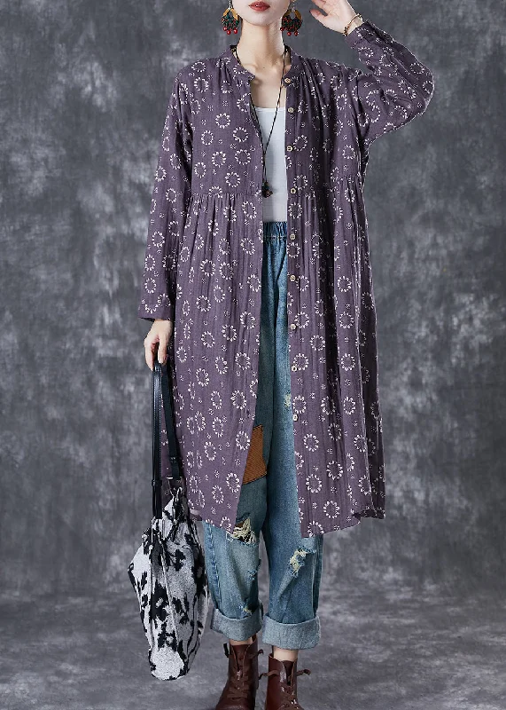 silk dressWomen Purple Print Button Down Cotton Dresses Fall