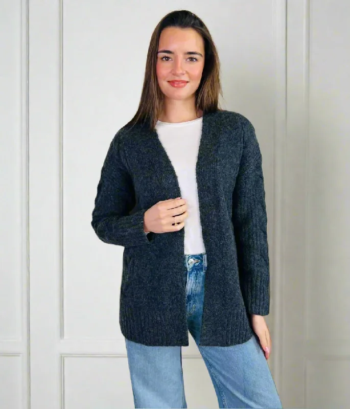 Charcoal Cable Contrast Open Cardigan