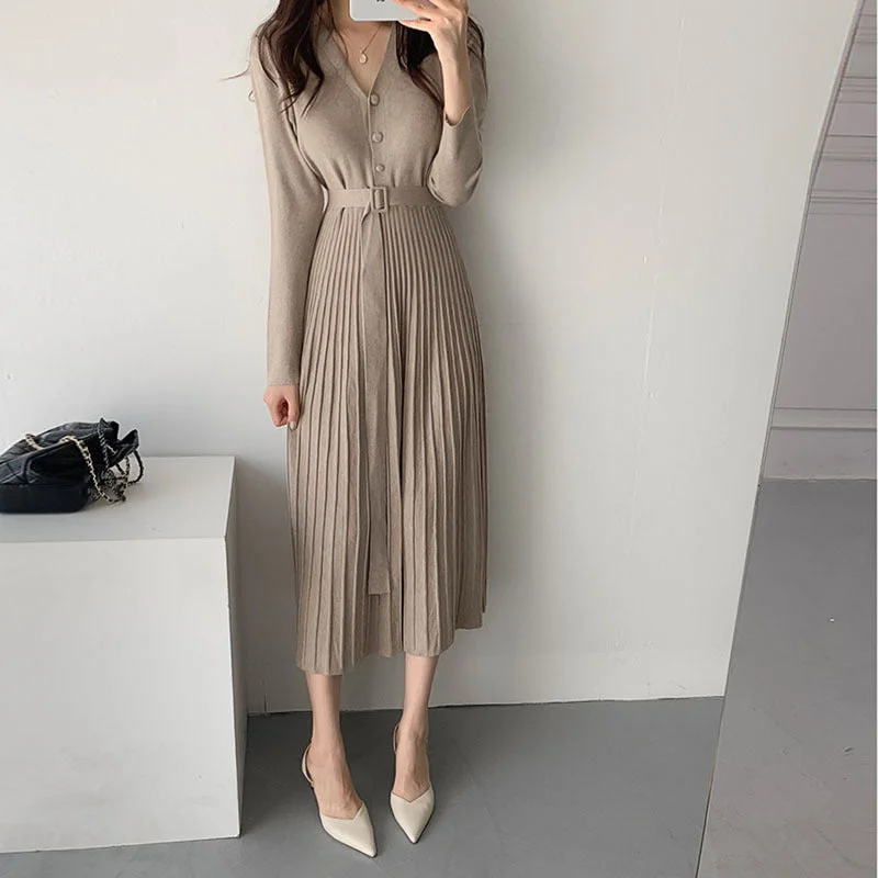 casual knit dressJulia Fashion - Elegant V-Neck Single-Breasted Thicken Sweater Dress