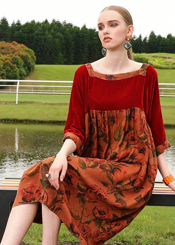 formal dressNovelty Red U Neck Wrinkled Print Silk Velour Patchwork Maxi Dress Bracelet Sleeve