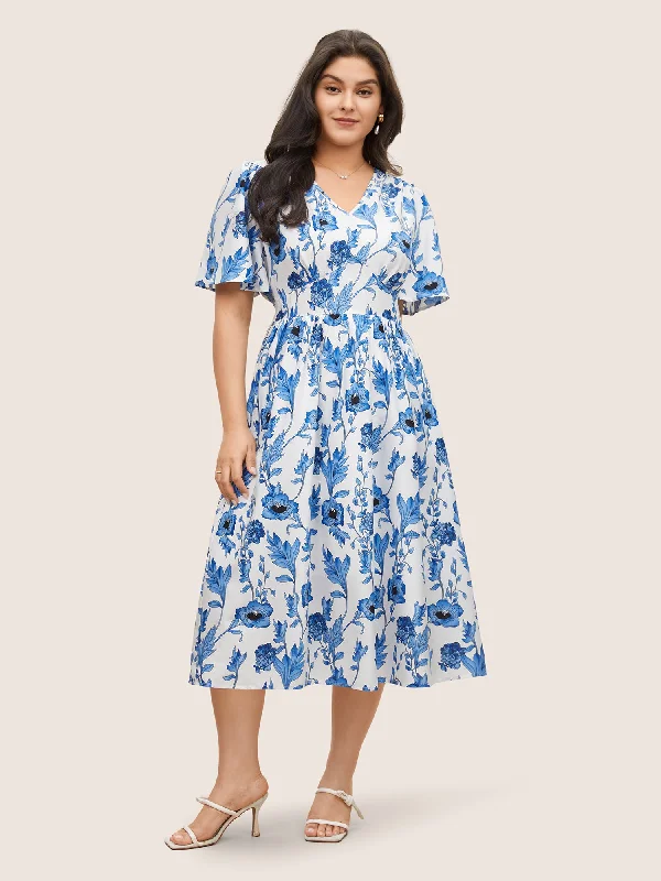 draped dressFloral Pocket Shirred Elastic Waist Dress