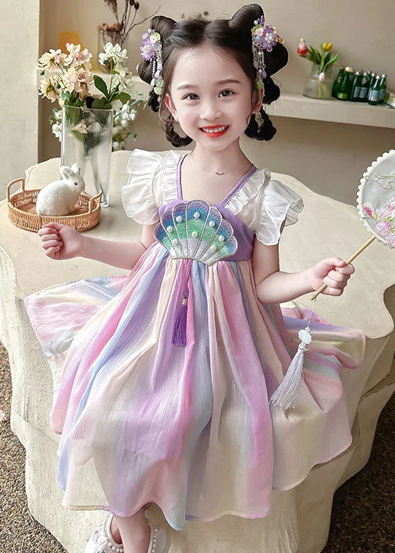 party-ready dressCute Rainbow Ruffled Nail Bead Patchwork Chiffon Baby Girls Dress Summer