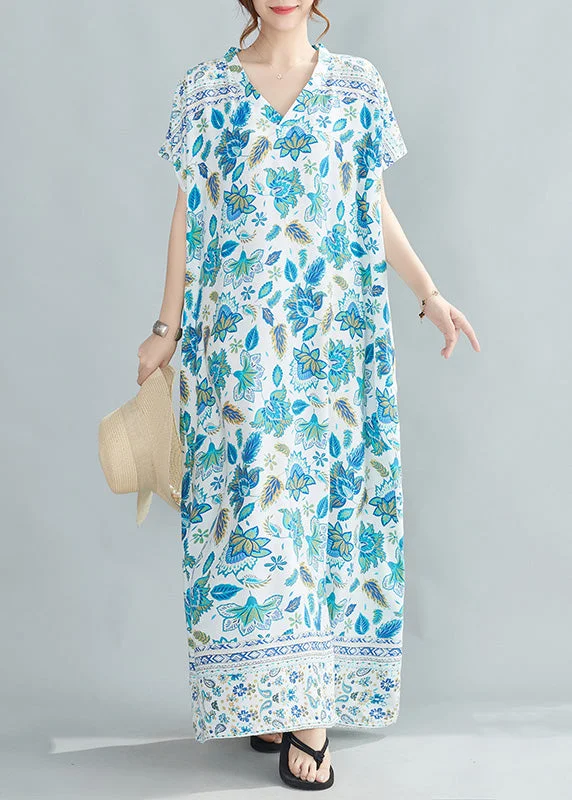 casual summer dressVogue Blue Print Cotton Holiday Maxi Dresses Summer