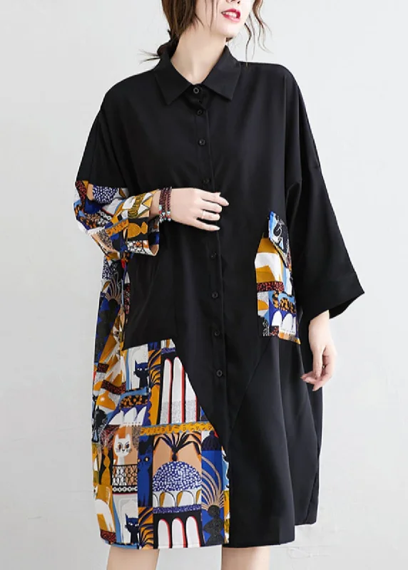 silk dressPlus Size Black Button Print Patchwork Cotton Blouses Dress Fall