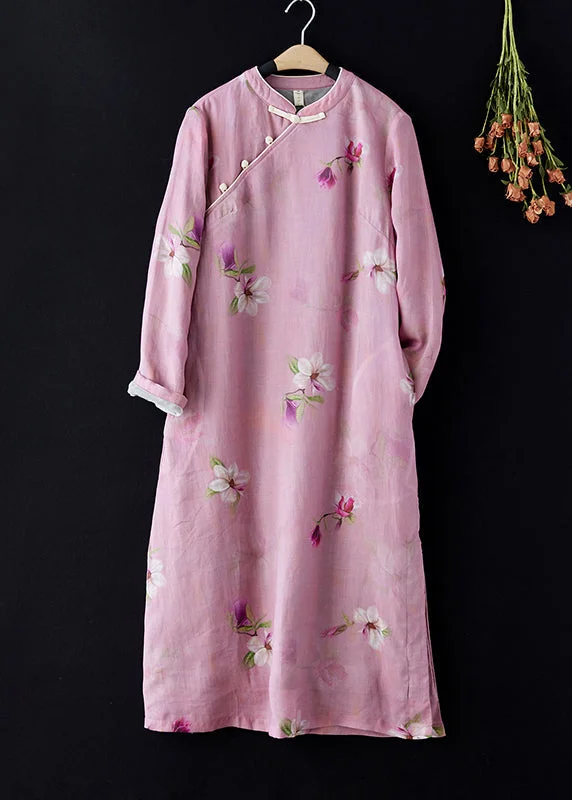 elegant shift dressVintage Pink Stand Collar Print Side Open Warm Fleece Dress Spring