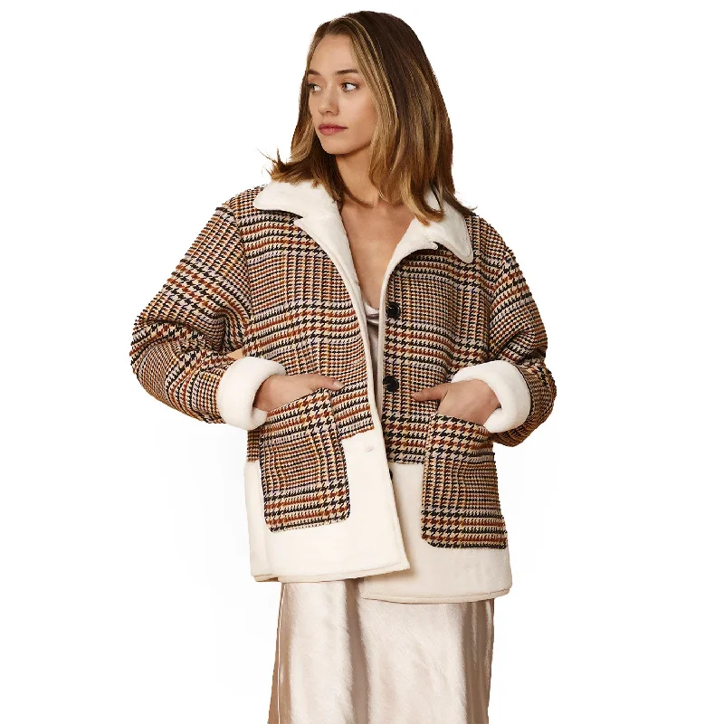 padded puffer coatWomen's Plaid Fur Jacket in Rust Houndstooth