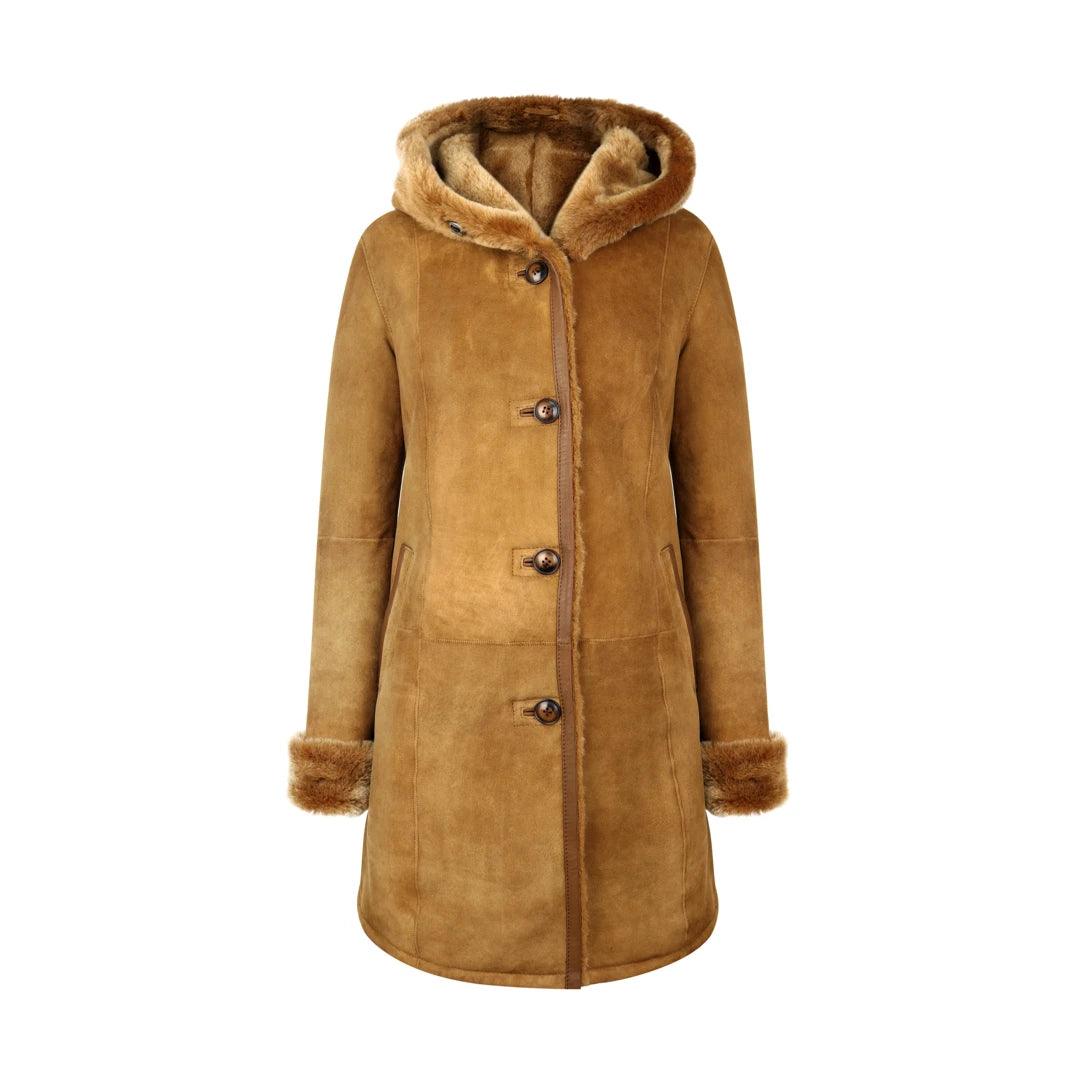 classic trench coatWomens Real Sheepskin Jacket 3/4 Long Hood Merino Fur Button Camel Tan