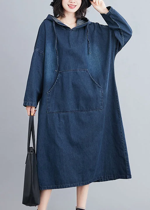 elegant shift dressPlus Size Denim Blue Hooded Pockets Denim Long Dress Fall