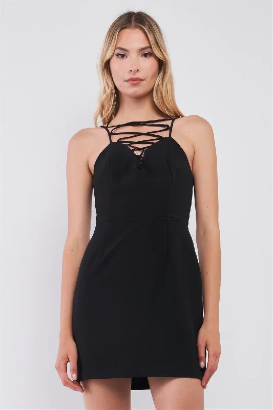 pleated dressBlack Slim Fit Sleeveless V-neck Front Corset Inspired Tie-up Detail Cocktail Mini Dress