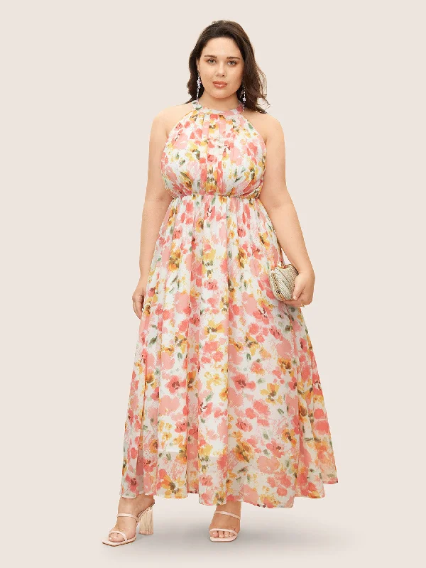 wrap dressHalter Neck Floral Pleated Pocket Dress