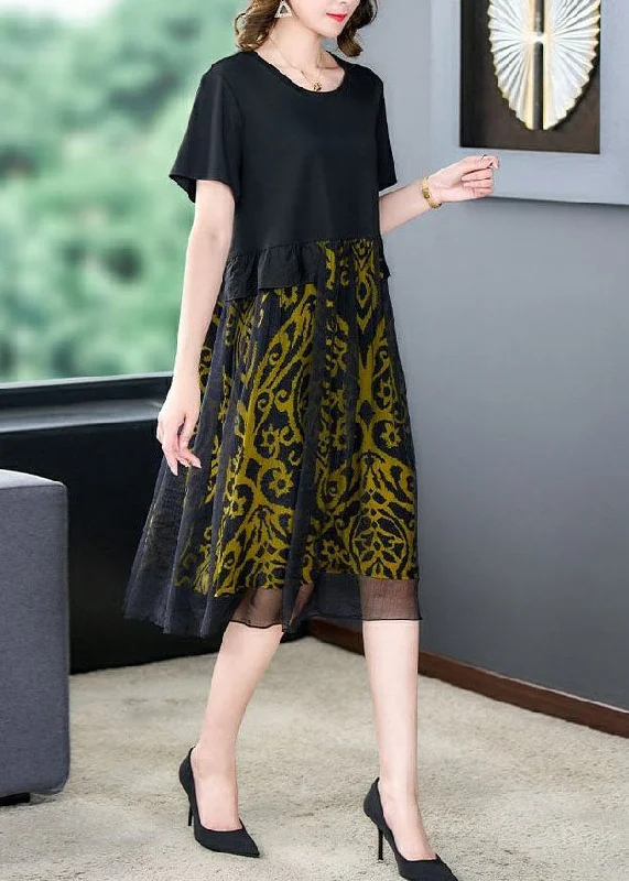 evening dressBohemian Black O Neck Print Wrinkled Patchwork Silk Dresses Summer