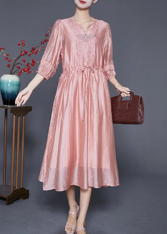 satin dressModern Pink Embroideried Cinched Silk Holiday Dress Summer