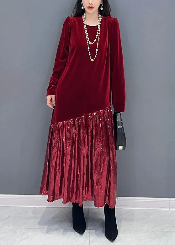 fitted dressNew Red Solid Patchwork Silk Velvet Long Dress Long Sleeve