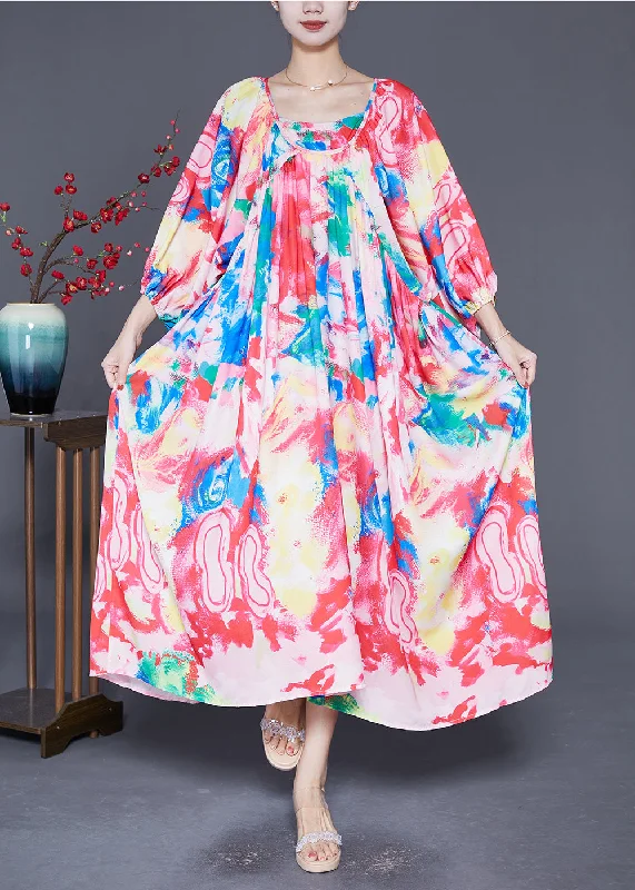 chic shift dressBohemian Pink Oversized Print Chiffon Beach Dresses Lantern Sleeve