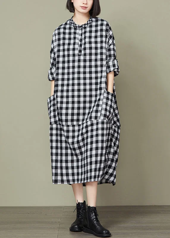 comfy maxi dressPlus Size Big Plaid Pockets Patchwork Cotton Long Dresses Fall