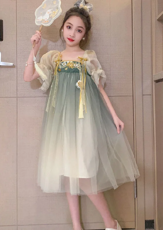 evening dressVintage Green Gradient Embroideried Patchwork Tulle Baby Girls Dresses Summer