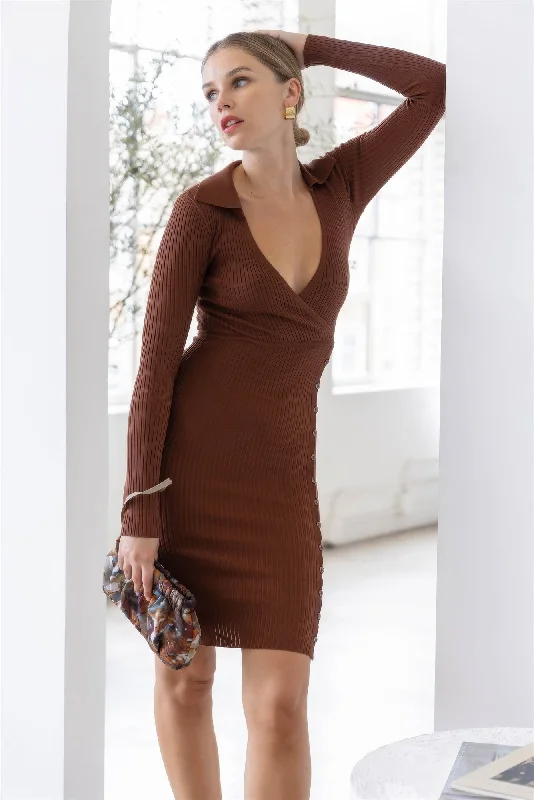 elegant evening dressKnit Ribbed Button Up Detail Collared Long Sleeve Midi Dress