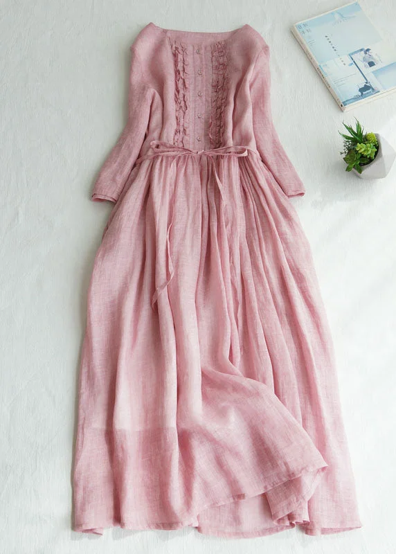 minimalistic dressFine Pink Ruffled Tie Waist Patchwork Linen Dress Summer