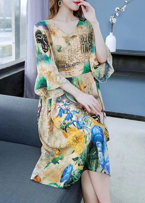 romantic dressArt Khaki V Neck Print Wrinkled Patchwork Chiffon Dress Butterfly Sleeve