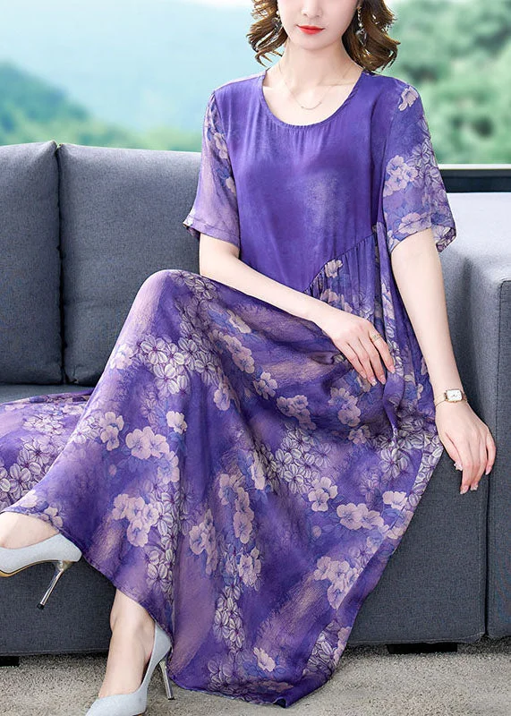 t-shirt dressBoutique Purple O Neck Print Wrinkled Patchwork Silk Dress Summer