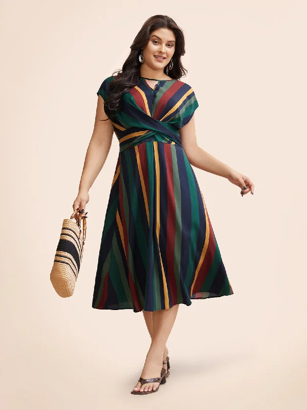 v-neck dressStriped Crossover Shirred Cap Sleeve Dress