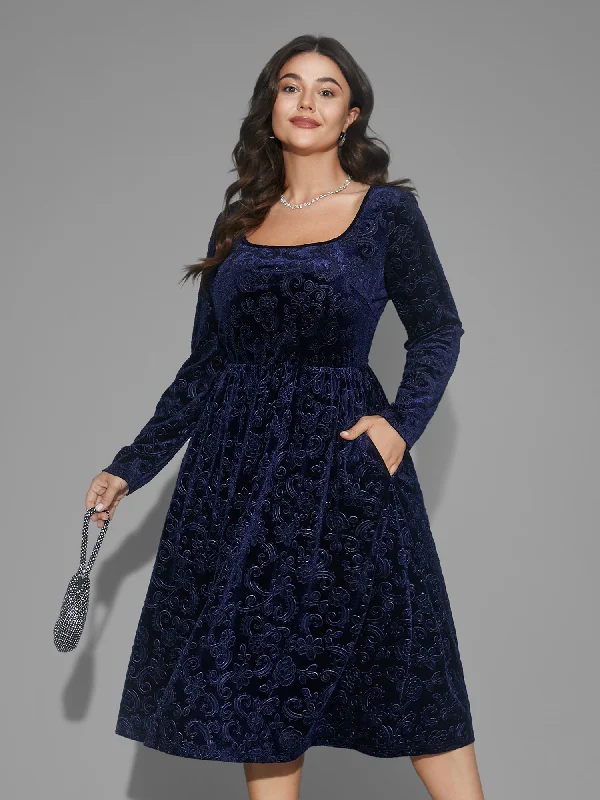 denim dressSquare Neck Floral Velvet Midi Dress