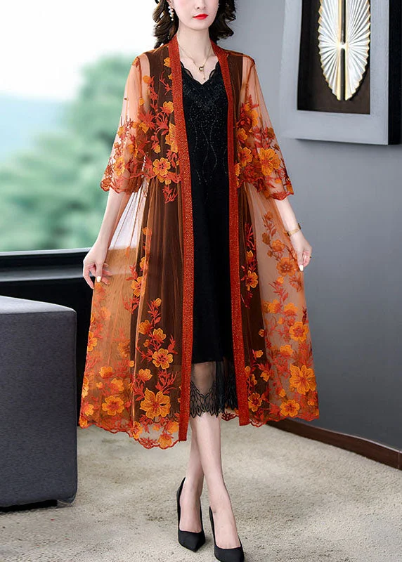 textured dressWomen Orange Embroideried Patchwork Tulle Long Dresses Summer