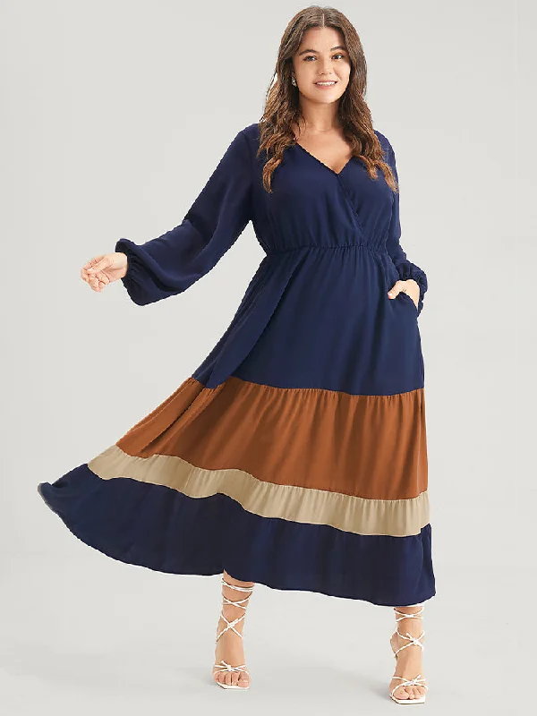 vintage-inspired dressBloom Dress -Colorblock Contrast Pocket Lantern Sleeve Flutter Surplice Neck Maxi Dress