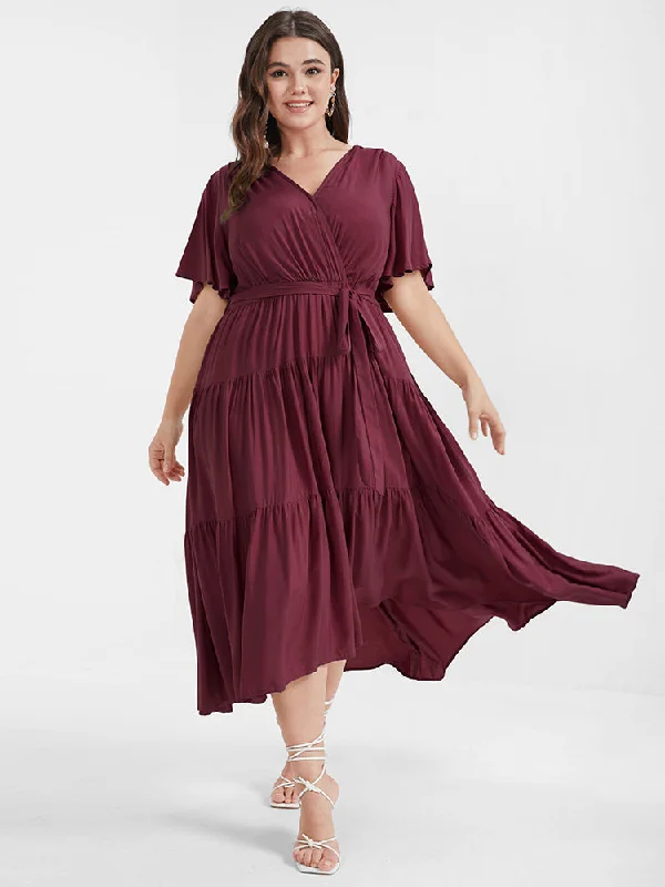 satin dressSolid Button Pocket Belted Ruffles Wrap Midi Dress