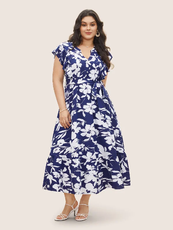 sophisticated dressSilhouette Floral Print Ruffle Cap Sleeve Dress