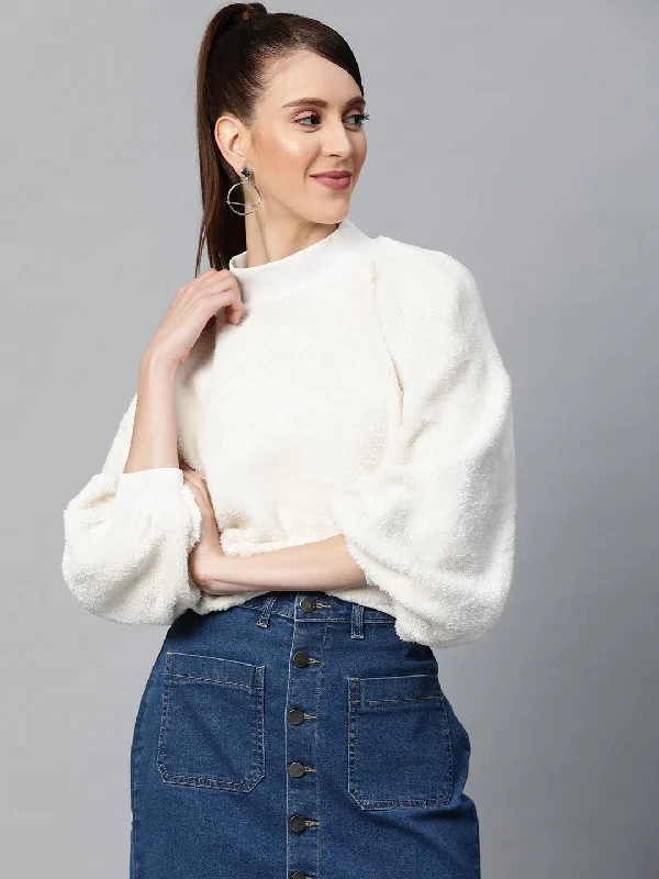 athletic casual sweatshirtWhite Balloon Sleeve Faux Fur Sweatshirt