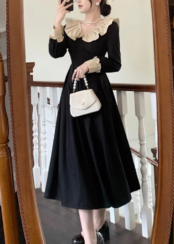 casual midi dressClassy Black Peter Pan Collar Ruffled Cotton Long Dresses Spring