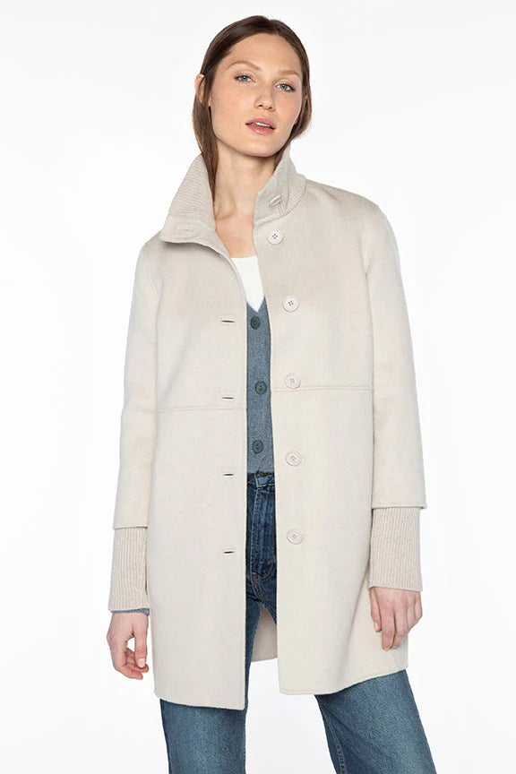 modern outerwearKinross Button Front Knit Trim Coat in Birch