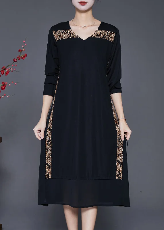 lace-up dressArt Black V Neck Patchwork Chiffon Fake Two Piece Dress Fall