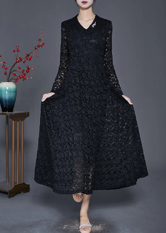 t-shirt dressBlack Silm Fit Lace A Line Dresses Hollow Out Spring