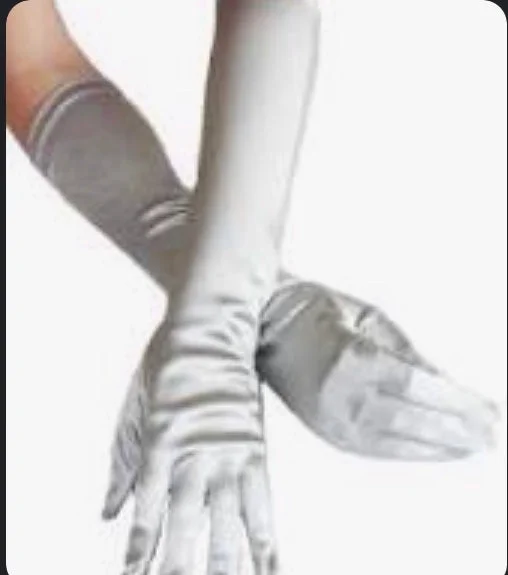 off-the-shoulder dressSilver Satin Gloves