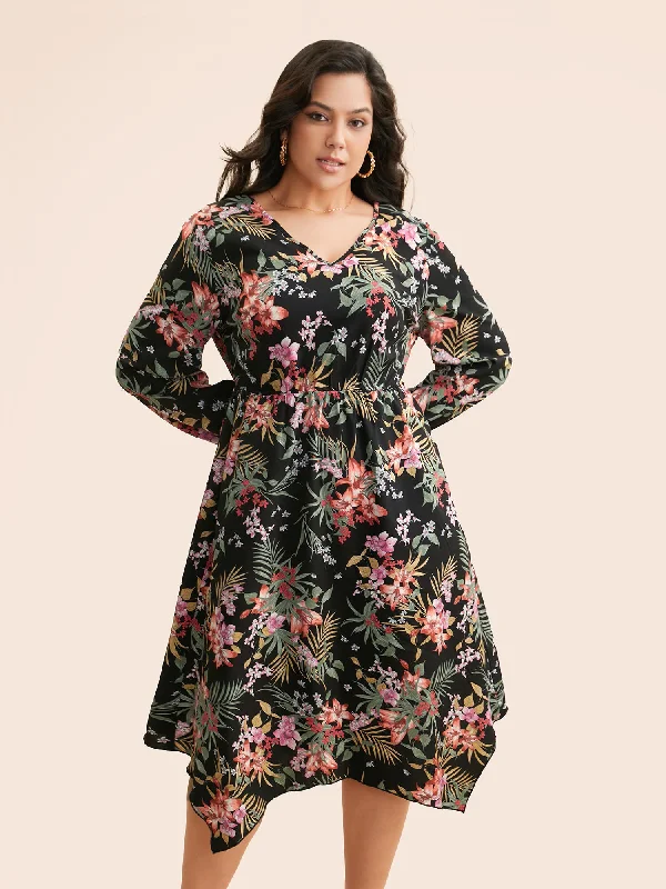 summer dressV Neck Floral Asymmetrical Hem Dress