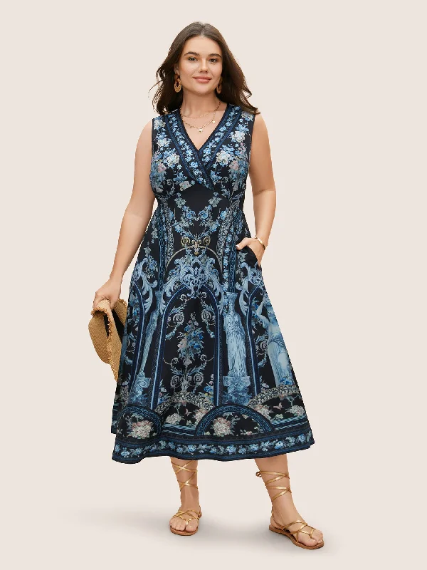 summer floral dressV Neck Boho Print Sleeveless Midi Dress